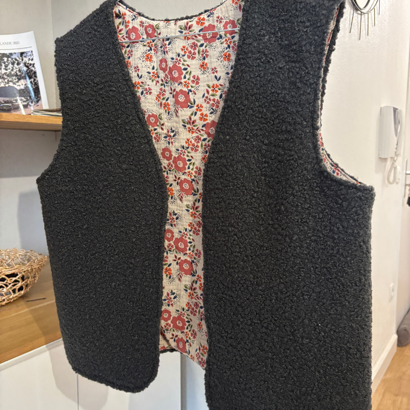 gilet reversible gris gaze de coton fleurs